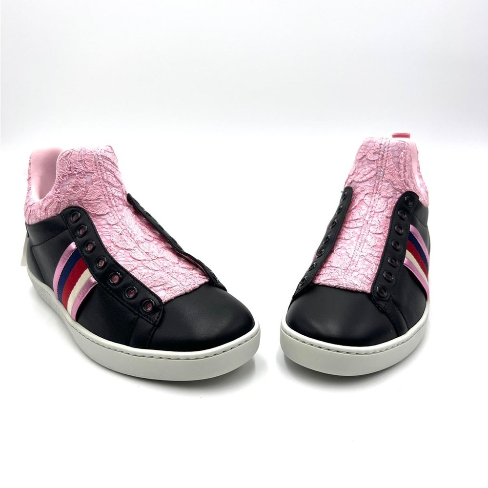 New Gucci black leather pink lace neoprane hi top sneakers